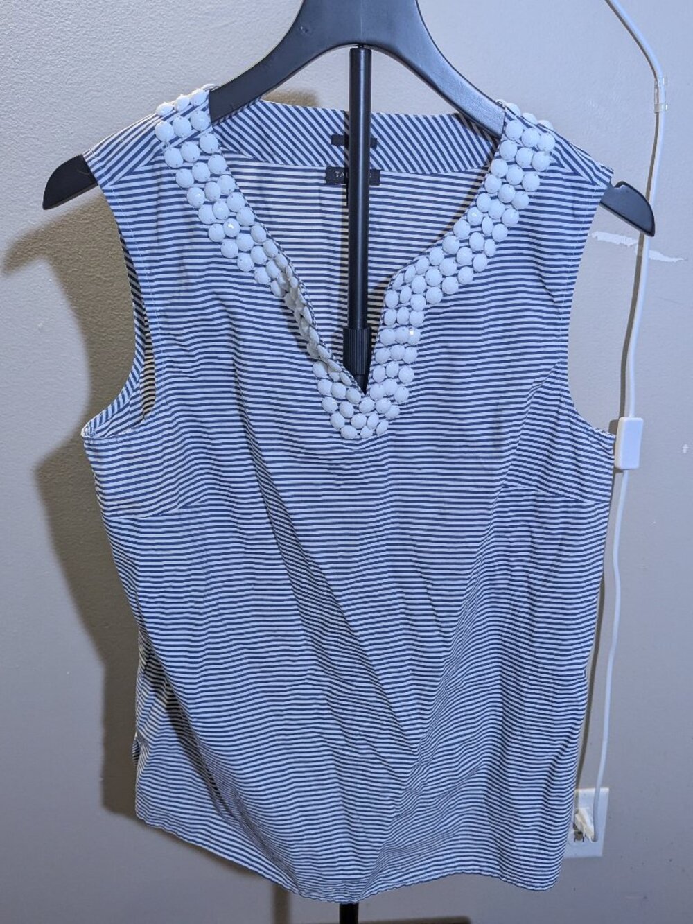 Talbots Navy Blue & White Striped Sleeveless Top w/ White Bead Collar Detail